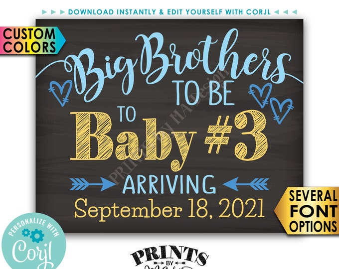 Baby #3 Pregnancy Announcement, Big Brothers to Baby Number 3, PRINTABLE 8x10/16x20” Sign, 3rd Baby <Edit Yourself with Corjl>