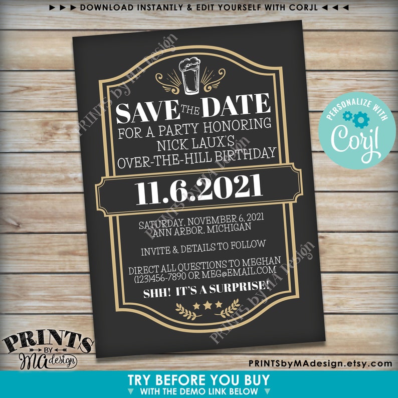 Cheers and Beers Birthday Party Save the Date, Beer Themed Birthday, PRINTABLE 5x7 Save the Date, Gold Edit Yourself with Corjl image 3