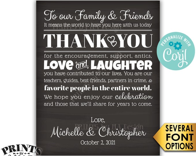 Wedding Thank You Sign, Thank Family and Friends, Custom PRINTABLE 8x10/16x20” Chalkboard Style Wedding Sign <Edit Yourself with Corjl>