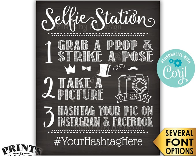 Selfie Station Sign, Share on Instagram & Facebook, PRINTABLE 8x10/16x20” Chalkboard Style Hashtag Sign <Edit Yourself with Corjl>