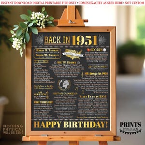Affiche d'anniversaire « Retour en 1951 », Décoration souvenir d'anniversaire 1951, Cadeau d'anniversaire 1951, Panneau imprimable 40 x 50 cm, Décoration d'anniversaire dorée <ID> image 2