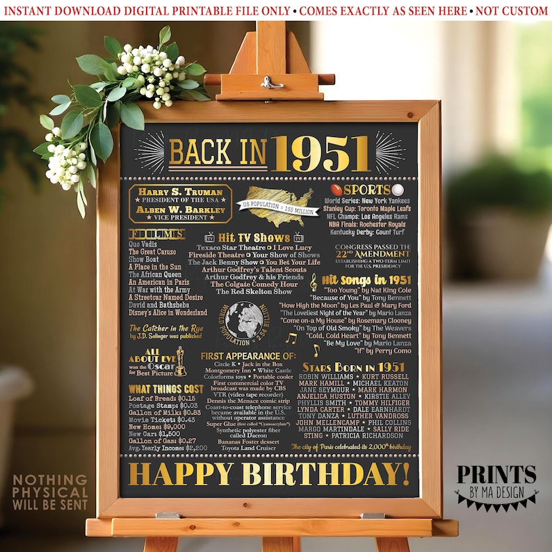 Affiche d'anniversaire « Retour en 1951 », Décoration souvenir d'anniversaire 1951, Cadeau d'anniversaire 1951, Panneau imprimable 40 x 50 cm, Décoration d'anniversaire dorée <ID> image 2
