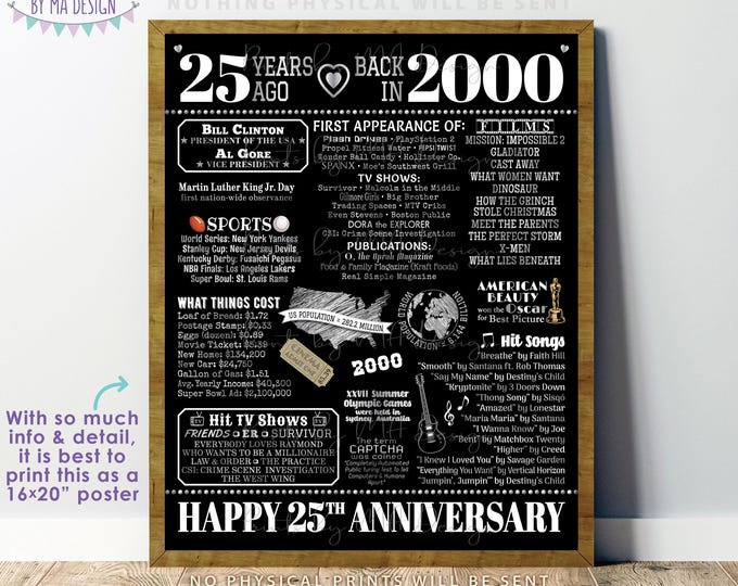 25th Anniversary Poster Board, Married in 2000 Black & Silver Anniversary Gift, Back in 2000 Flashback 25 Years, PRINTABLE 16x20” Sign <ID>