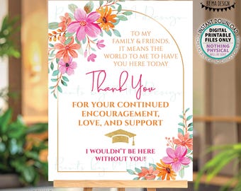 Graduation Thank You Sign, Thanks from the Graduate, High School, College, Pink and Orange Flowers, PRINTABLE 8x10/16x20” Sign <ID>