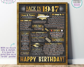 Back in 1947 Birthday Poster Board, Flashback to 1947 Birthday Decoration, ‘47 B-day Gift, PRINTABLE 16x20” Sign, Birthday Decor <ID>
