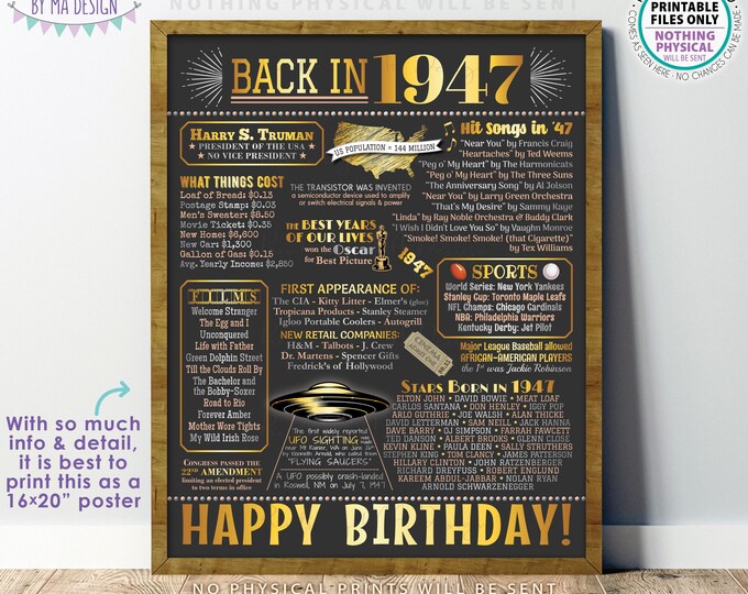 Back in 1947 Birthday Poster Board, Flashback to 1947 Birthday Decoration, ‘47 B-day Gift, PRINTABLE 16x20” Sign, Birthday Decor <ID>