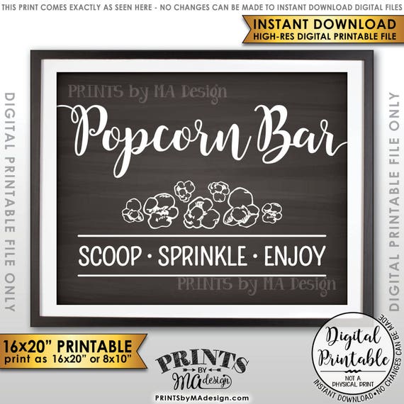 Popcorn Bar Sign, Scoop Sprinkle Enjoy Popcorn Bar Directions Sign, PRINTABLE 8x10/16x20” Chalkboard Style Sign <ID>