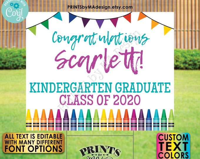 Editable Graduation Sign with Crayons and Bunting Flags, Custom PRINTABLE 8x10/16x20” Landscape Grad Party Decor <Edit Yourself w/Corjl>