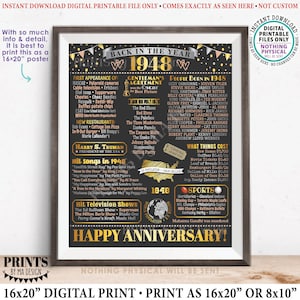 Back in the Year 1948 Anniversary Sign, Flashback to 1948 Anniversary Decor, Anniversary Gift, PRINTABLE 16x20” Poster Board &lt;ID&gt;