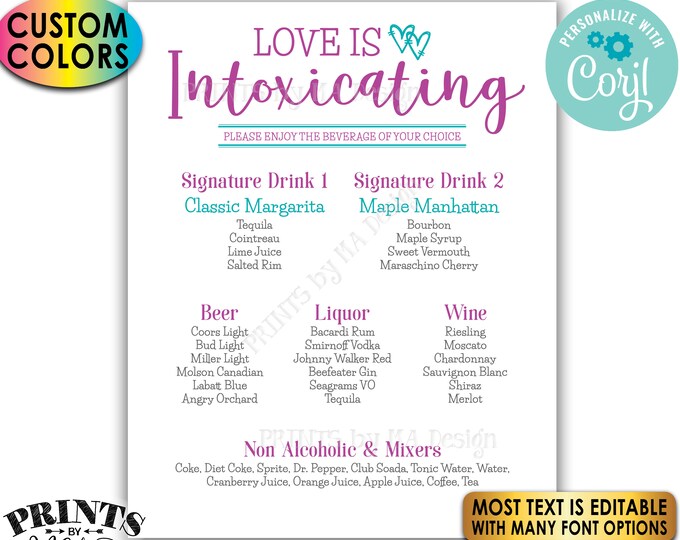 Love is Intoxicating Wedding Bar Menu Sign, Wedding Reception Drink Menu, Custom PRINTABLE 8x10/16x20” Sign <Edit Yourself with Corjl>