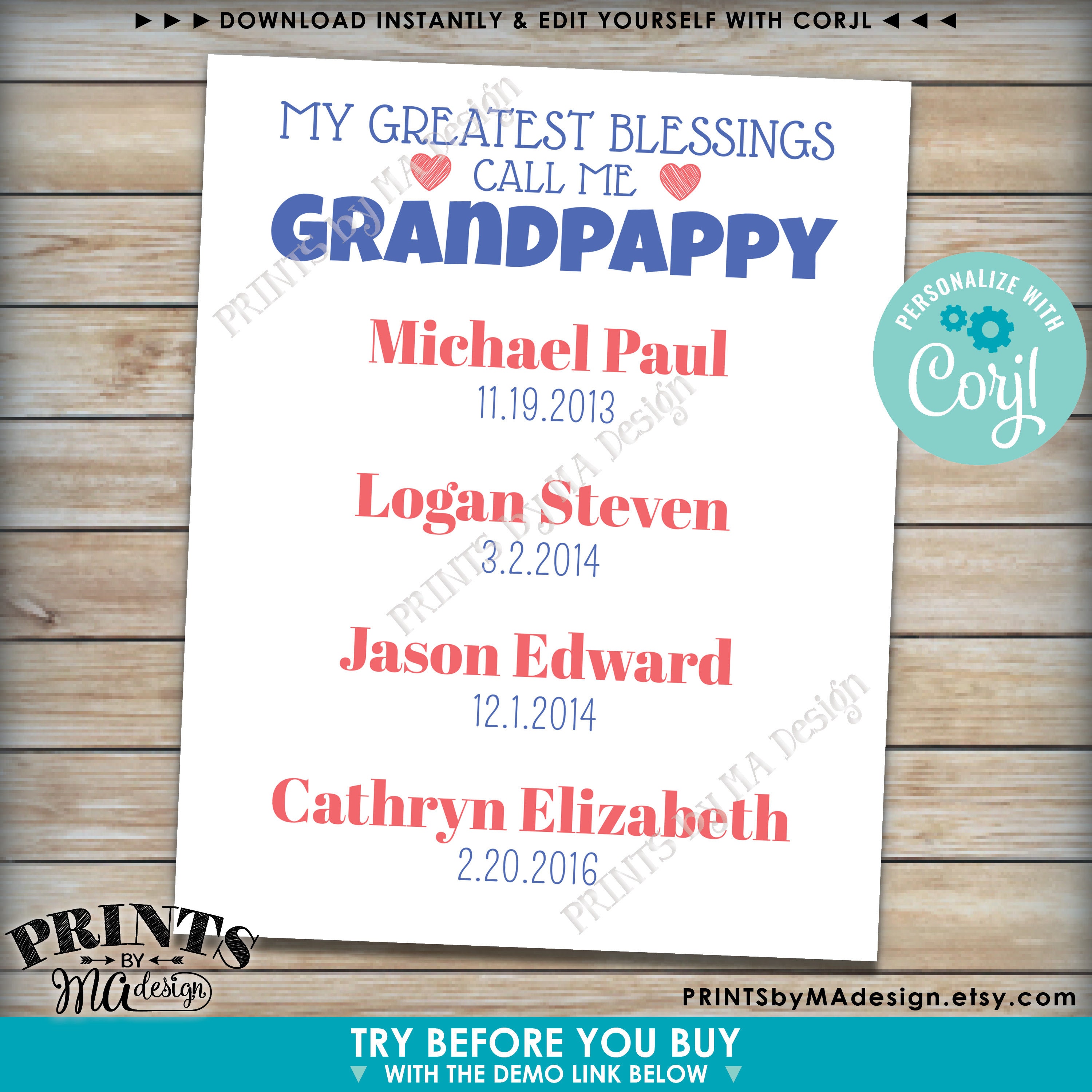 Grandchildren Name Wall Art My Greatest Blessings Call Me PAPA Frame and Matte not included Personalized Papa Gift Gift from grand kids Grandpa gift from children- burlap print-2Y