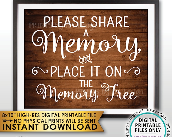Share a Memory and Place it on the Memory Tree Sign, Write a Memory, Share Memories Rustic WoodStyle PRINTABLE 8x10” Instant Download Sign