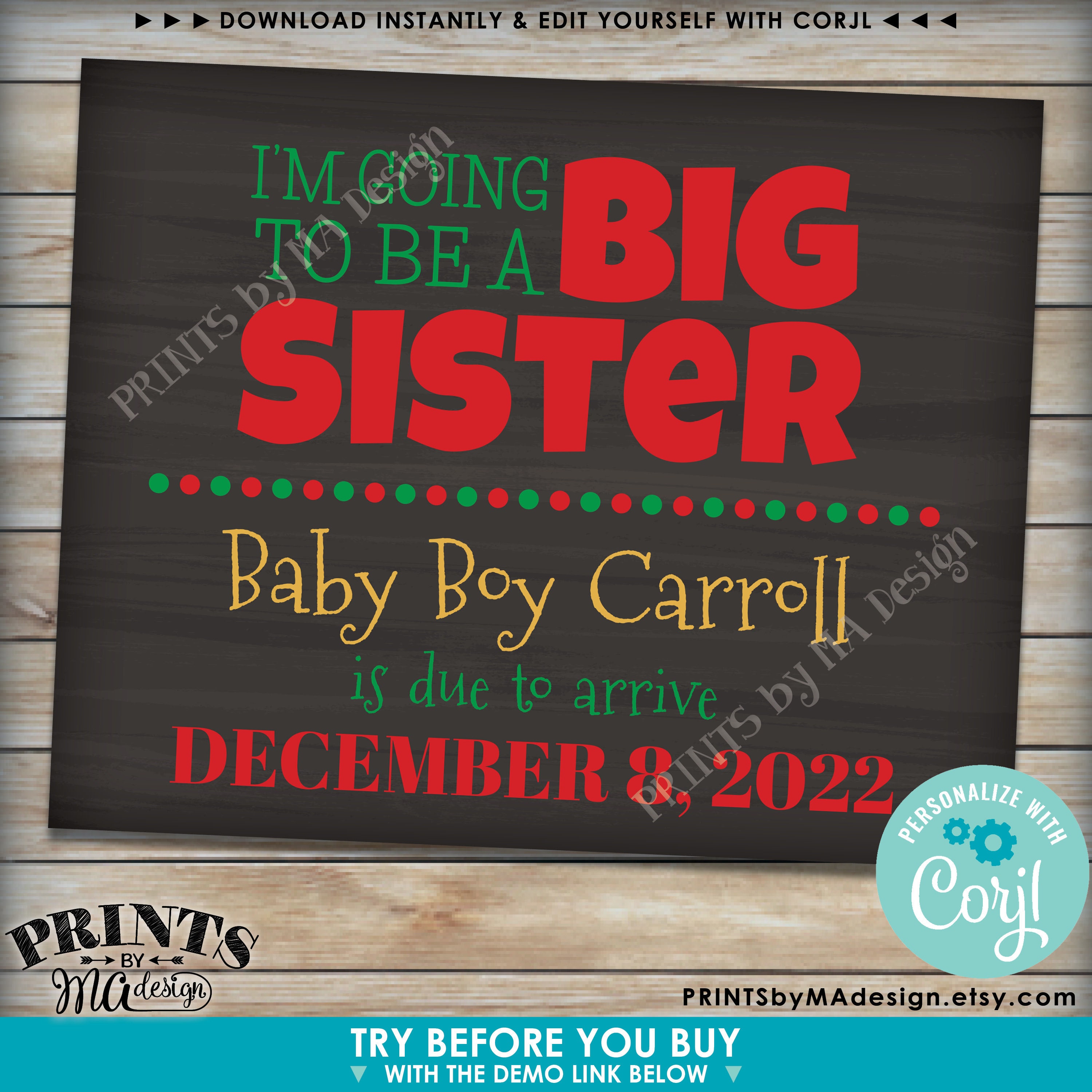 Download I'm Going to Be a Big Sister Pregnancy Announcement, Baby #2 Reveal, PRINTABLE 8x10/16x20 ...