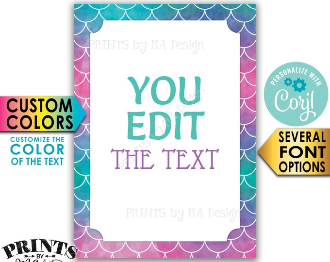 Custom Mermaid Sign, Choose Your Text Mermaid Party, PRINTABLE 5x7" Portrait Mermaid Sign <Edit Yourself with Corjl>