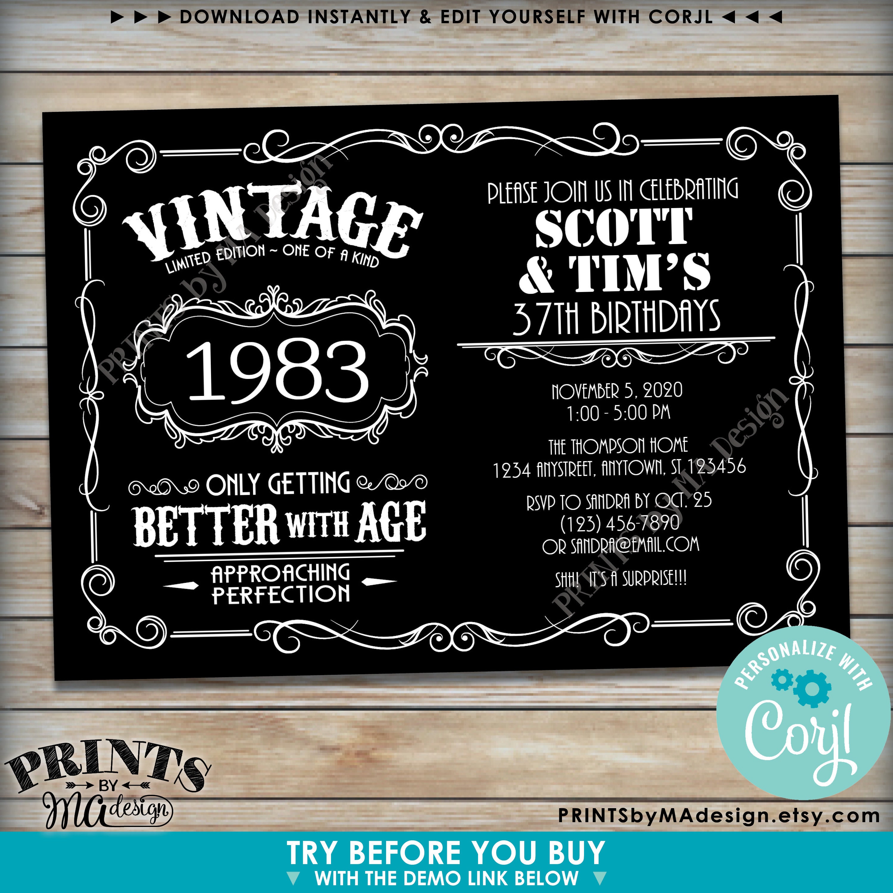 Vintage Birthday Party Invitation, Better with Age Bday Invite, Whiskey