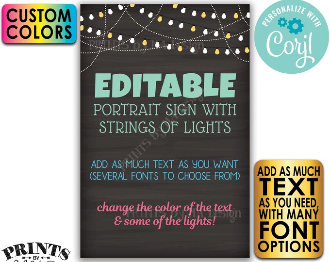 Custom Chalkboard Style Poster with Lights, Choose Your Text and Colors, One PRINTABLE 24x36” Portrait Sign <Edit Yourself with Corjl>