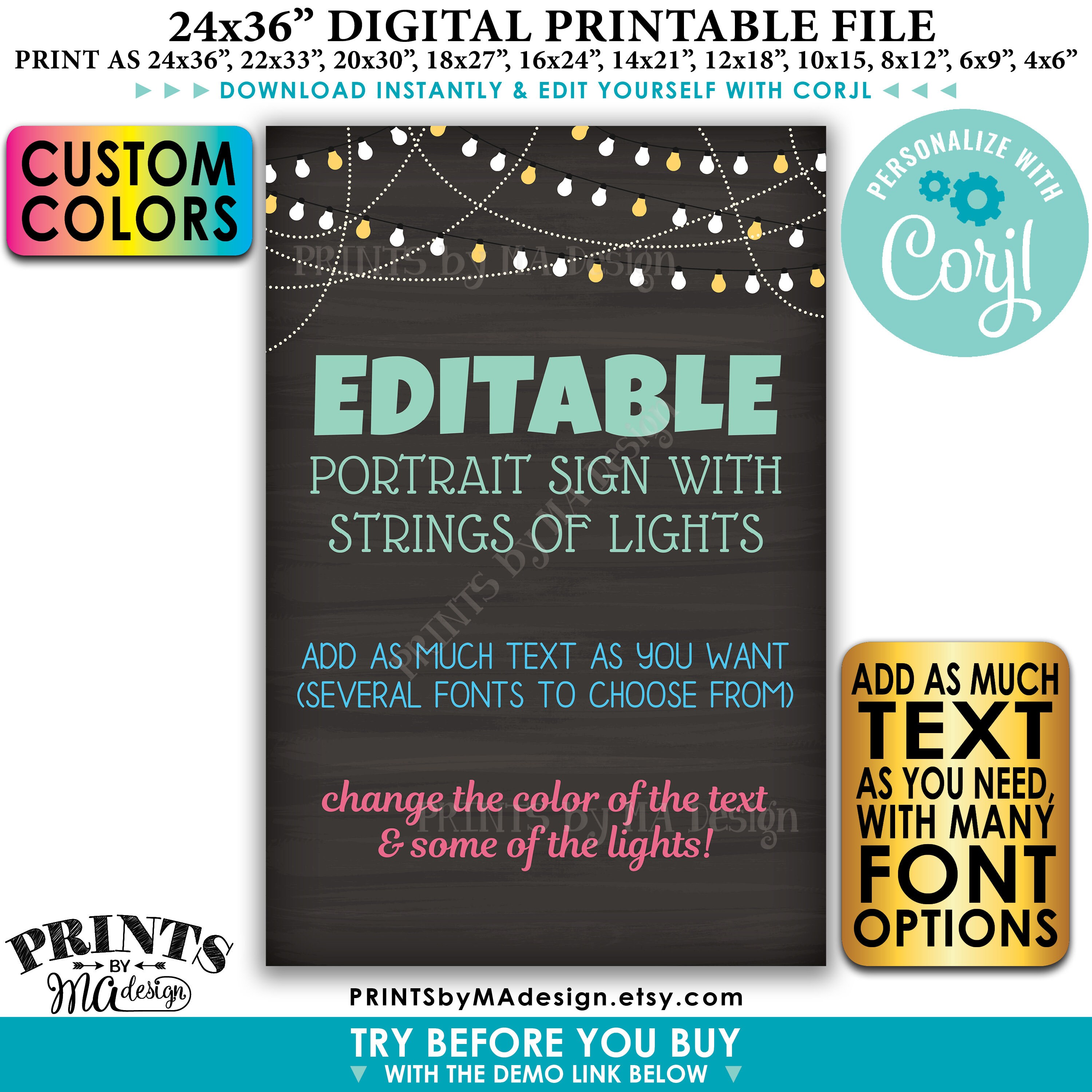 Custom Chalkboard Style Poster with Lights, Choose Your Text and Colors