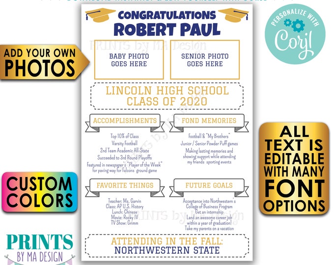 Graduation Party Sign, High School Graduation Party Decoration, Senior Photo, Milestones, PRINTABLE 24x36” Sign <Edit Yourself w/Corjl>