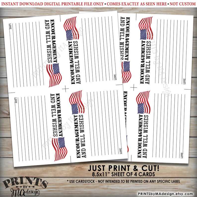 Military Encouragement and Well Wishes Card, Boot Camp Send Off, American Flag, Four 4.25x5.5 Cards on a PRINTABLE 8.5x11 Sheet ID image 2