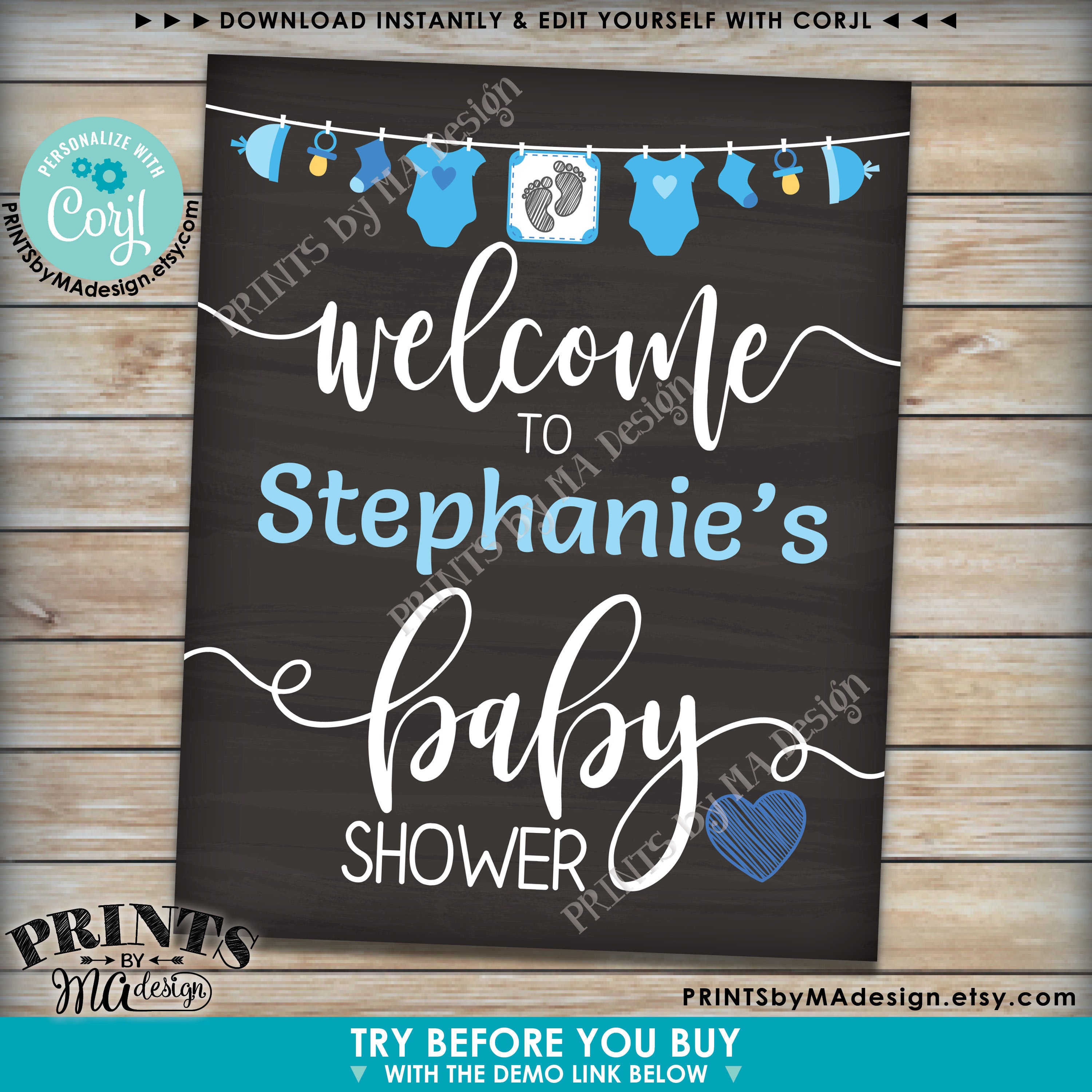 Editable Baby Shower Sign, It's a Boy, Blue Decor Clothesline, PRINTABLE 8x10/16x20