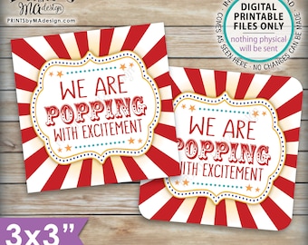 Baby Shower Popcorn Tags, We are Popping with Excitement Baby Shower Favors, Circus Carnival, 3x3" cards on 8.5x11" PRINTABLE Sheet <ID>