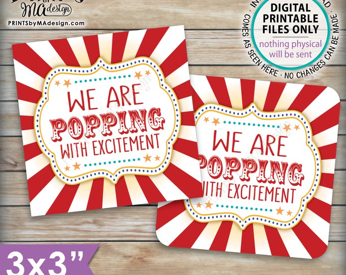 Baby Shower Popcorn Tags, We are Popping with Excitement Baby Shower Favors, Circus Carnival, 3x3" cards on 8.5x11" PRINTABLE Sheet <ID>