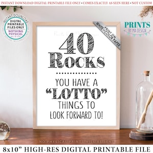 40. urodziny, znak loterii 40 Rocks, masz rzeczy, na które czekasz w Lotto, prezent na 40. urodziny, DO DRUKU czarno-biały znak 8x10” <ID>