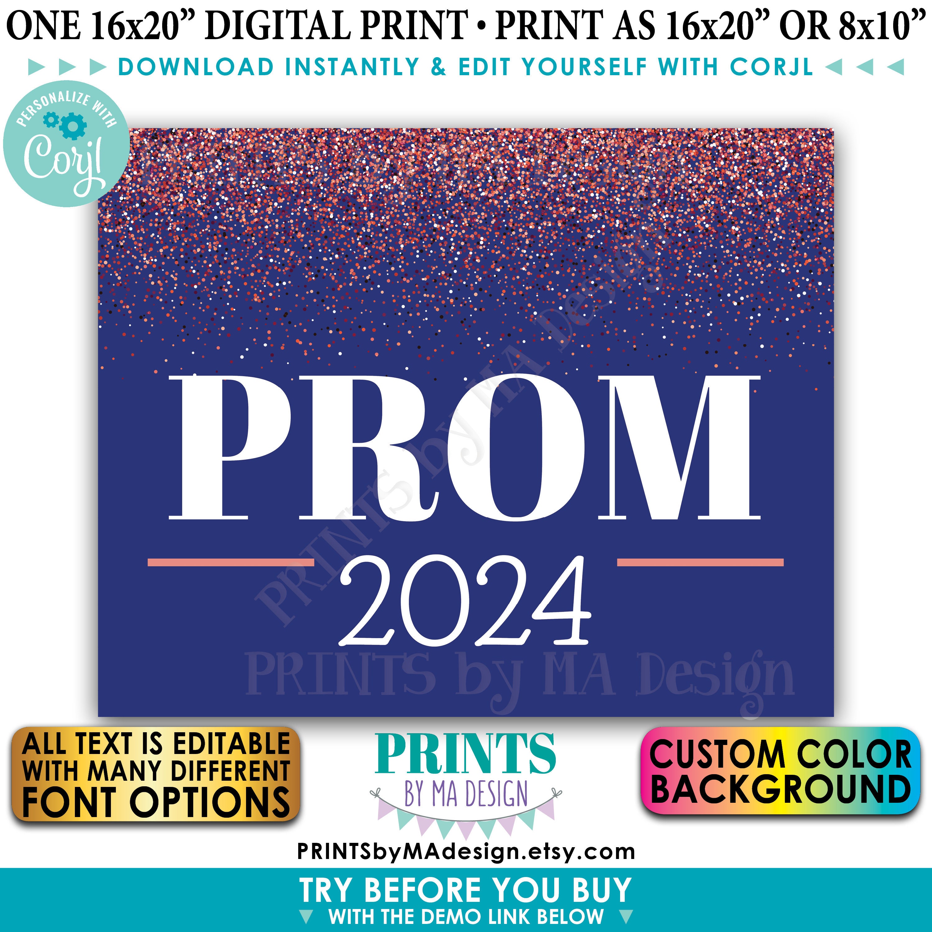 Prom Sign, Custom Text & Background Color, Rose Gold Glitter, PRINTABLE