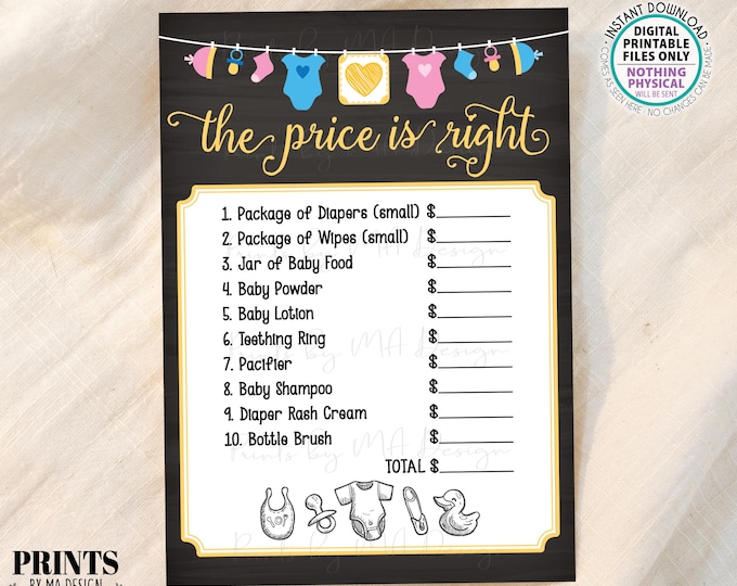 Price is Right Baby Shower Game, Guess the Amounts Activity, Pink and Blue Decor, PRINTABLE Chalkboard Style 5x7” Price Game <ID>