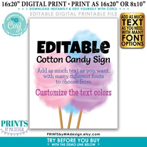 Custom Cotton Candy Sign, Choose Your Text, Festival Concession Circus Carnival Party, PRINTABLE Portrait Sign &lt;Edit Yourself w/Corjl&gt;