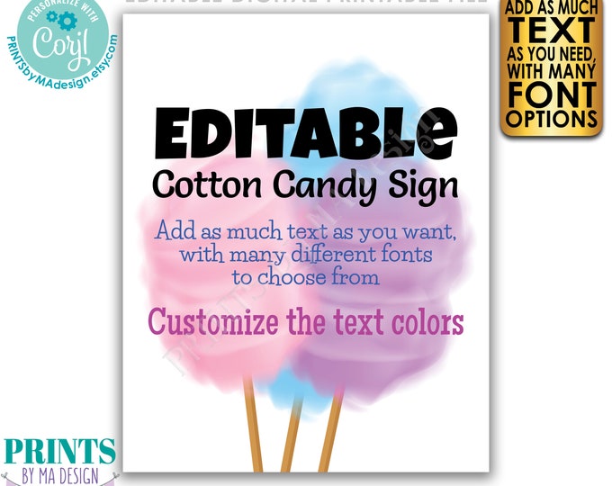 Custom Cotton Candy Sign, Choose Your Text, Festival Concession Circus Carnival Party, PRINTABLE Portrait Sign <Edit Yourself w/Corjl>