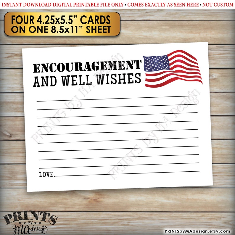 Military Encouragement and Well Wishes Card, Boot Camp Send Off, American Flag, Four 4.25x5.5 Cards on a PRINTABLE 8.5x11 Sheet ID image 3