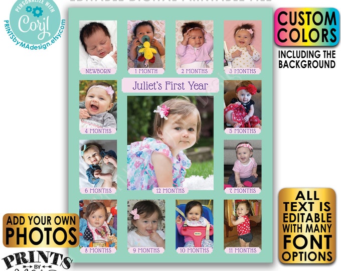 Editable First Birthday Photo Collage, Pictures from the First 12 Months, Custom Colors, PRINTABLE 8x10/16x20” Sign <Edit Yourself w/Corjl>