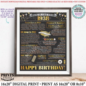 Back in the Year 1938 verjaardagsbord, flashback naar posterboard 1938, '38 B-Day cadeau, verjaardagsdecoratie, AFDRUKBAAR 16 x 20" bord <ID>