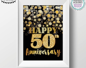 50th Anniversary Card, Black & Gold Glitter 50th Golden Bokeh, Married Fifty Years Ago, PRINTABLE 5x7" Digital File <ID>