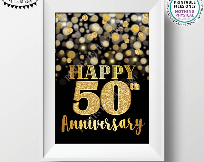 50th Anniversary Card, Black & Gold Glitter 50th Golden Bokeh, Married Fifty Years Ago, PRINTABLE 5x7" Digital File <ID>