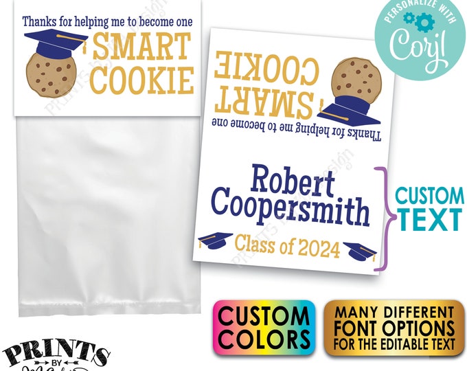 One Smart Cookie Graduation Goodie Bag Labels, Grad Party Favors, PRINTABLE 8.5x11" Sheet of 4x5" Cards <Edit Yourself with Corjl>