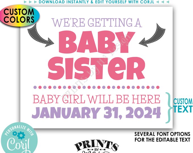 We're Getting a Baby Sister Pregnancy Announcement, It's a Girl, Custom PRINTABLE Gender Reveal Sign <Edit Yourself with Corjl>