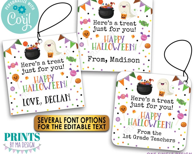 Editable Halloween Treat Tags, Take a Candy, Custom Goodie Bag Party Favors, PRINTABLE 8.5x11" Sheet of 2x2" Cards <Edit Yourself w/Corjl>