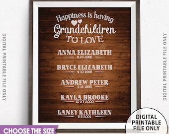 Grandchildren Sign, Grandkids' Names & Birthdays, Gift for Grandparents Grandma Grandpa, Custom Rustic Wood Style Digital PRINTABLE File