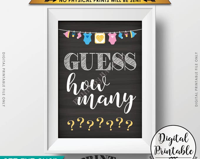 Guess How Many Sign, Guess the Number Baby Shower Game, Guessing Game, Neutral Clothesline, Instant Download 5x7” Chalkboard Style Printable