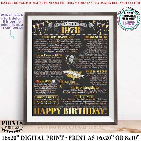 Back in the Year 1978 Birthday Sign, Flashback to 1978 Poster Board, ‘78 B-day Gift, Bday Decoration, PRINTABLE 16x20” Sign <ID>