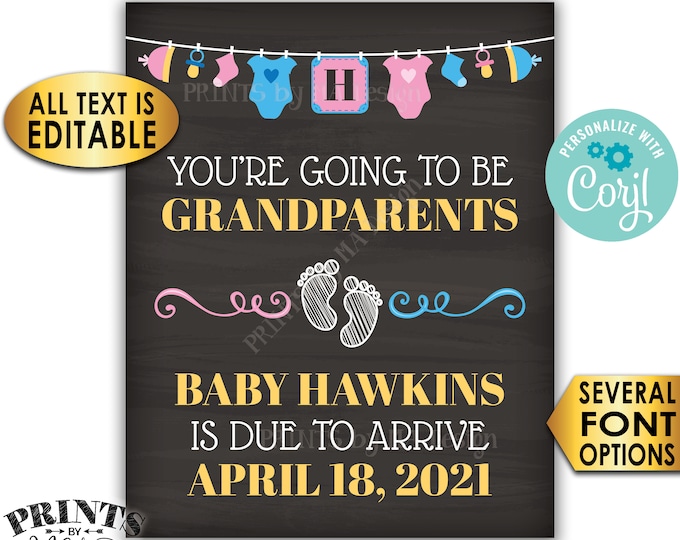 Grandparents Pregnancy Announcement, You're Going to be a Grandpa or Grandma, PRINTABLE Chalkboard Style Sign <Edit Yourself with Corjl>