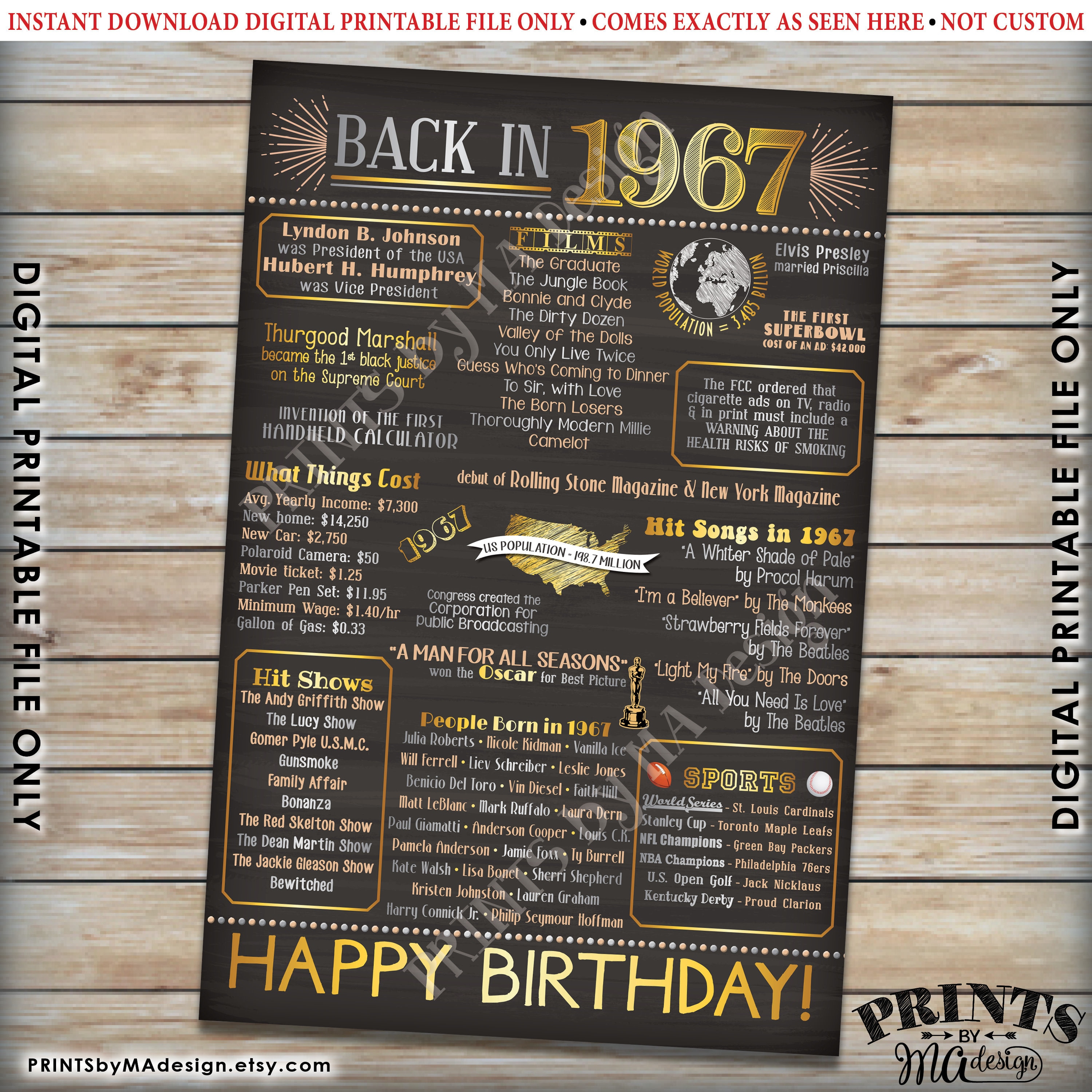 1967 Birthday Poster Born in 1967 Flashback to 1967 USA Etsy
