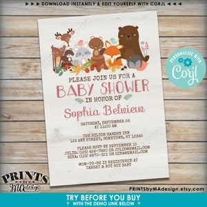May include: A woodland-themed baby shower invitation with a pink and brown color scheme. The invitation features a group of woodland animals, including a bear, fox, rabbit, and deer. The text on the invitation reads "Please join us for a baby shower in honor of Sophia Belvieve".