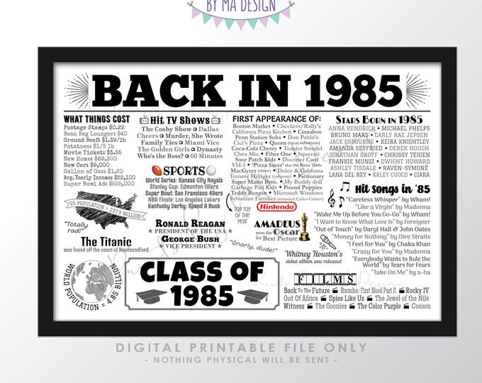 Back in 1985 Reunion Poster Decor, Flashback to 1985 Decoration, Class of 1985 Party, Dinner Placemat, Gift, PRINTABLE 12x18” Sign <ID>