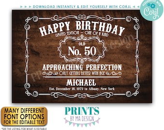 Editable Vintage Birthday Sign, Better with Age Liquor Themed Party, Custom PRINTABLE 24x36” Rustic Wood Style Sign <Edit Yourself w/Corjl>