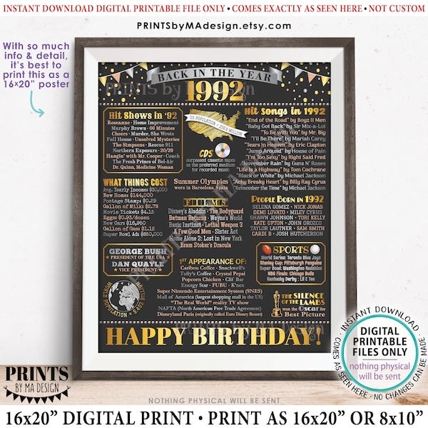 Back in the Year 1992 Birthday Sign, Flashback to 1992 Poster Board, ‘92 B-day Gift, Bday Decoration, PRINTABLE 16x20” Sign <ID>