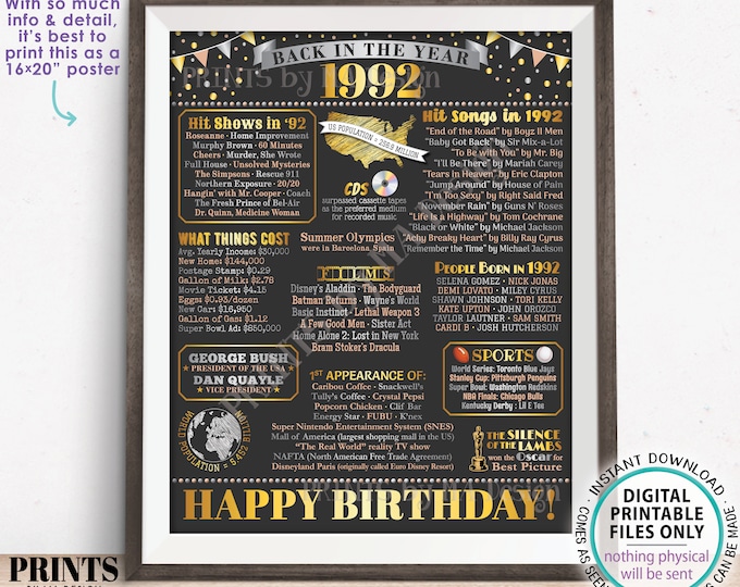 Back in the Year 1992 Birthday Sign, Flashback to 1992 Poster Board, ‘92 B-day Gift, Bday Decoration, PRINTABLE 16x20” Sign <ID>