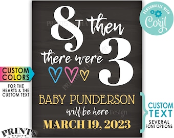 And Then There Were Three Pregnancy Announcement, Gender Reveal, PRINTABLE 8x10/16x20” Chalkboard Style Sign <Edit Yourself with Corjl>